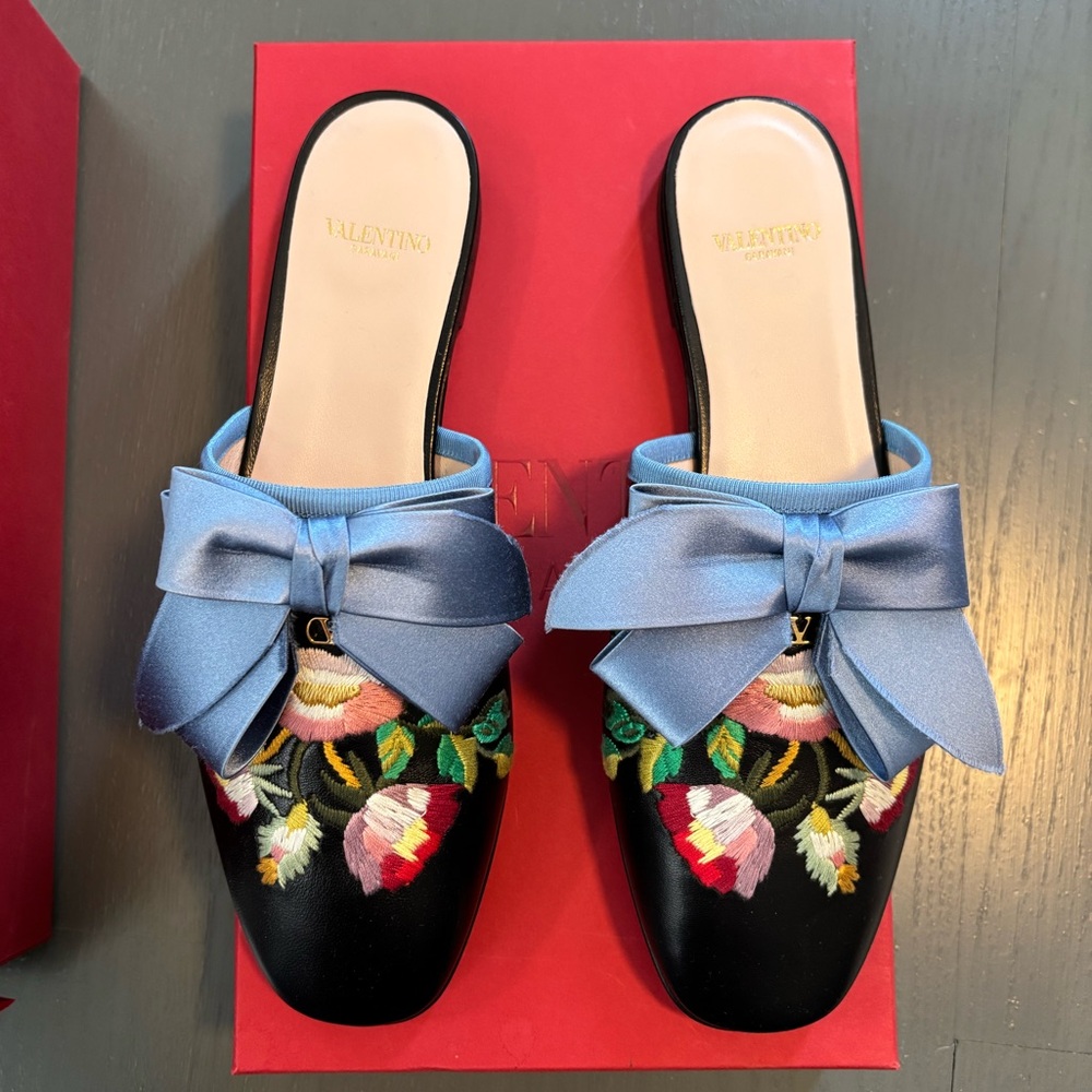 Valentino Black Mules with Blue Bow and Floral Embroidery 38